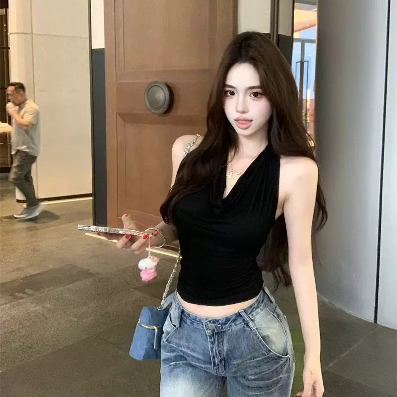 Spicy girl style V-neck halter top, women's lace patchwork backless slim fit, outerwear top, base T-shirt