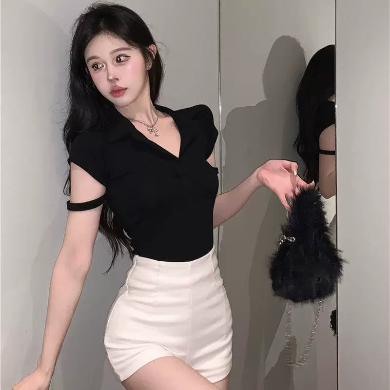 Pure Desire Style Black Polo Collar Short sleeved T-shirt Women's Summer American Slim fit Spicy Girl Pure Cotton Short Waist Small Top