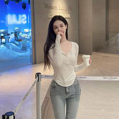 Foreign trade pure desire style sexy pure cotton long sleeved T-shirt for women in spring and autumn, slim fit and slimming for spicy girls, with a base layer and a trendy top