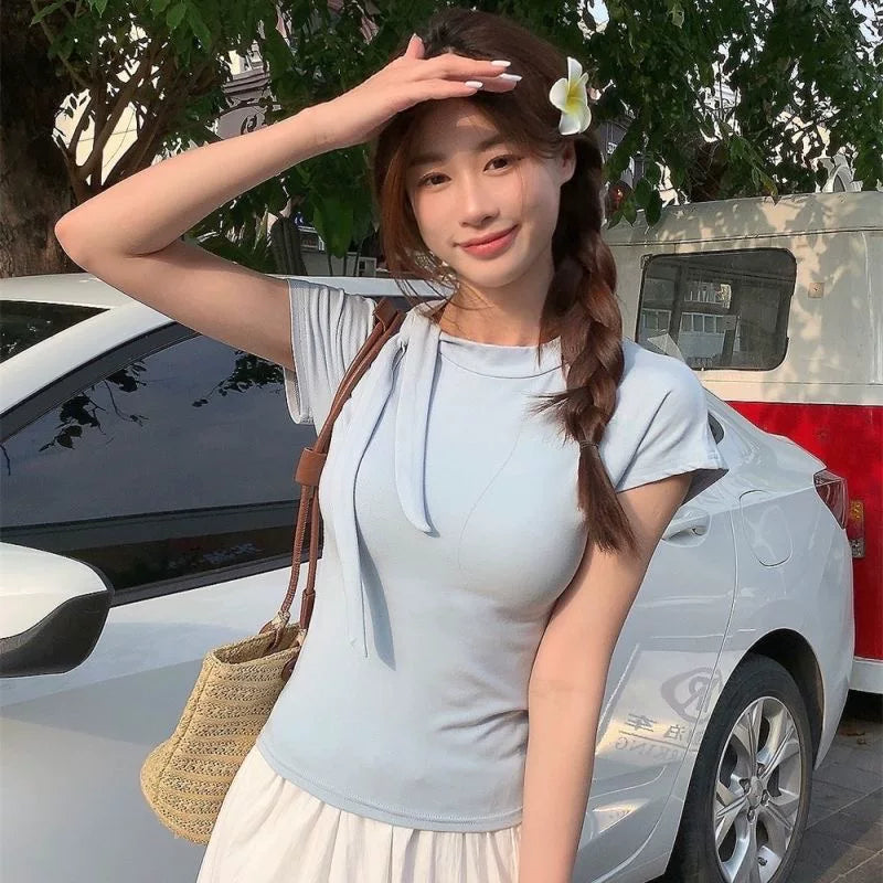 Foreign trade pure desire style spicy girl pure cotton short sleeved summer high neck design tie up T-shirt women's sweet cool chic short top