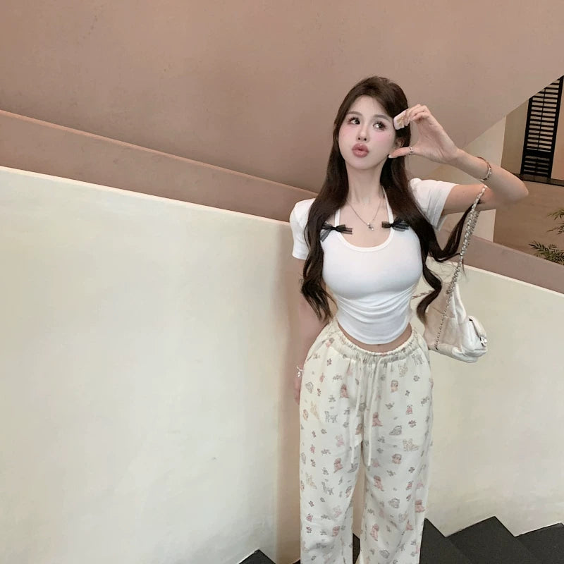 Foreign trade pure desire style hanging neck, super cute and high-end feeling, handmade butterfly bow showing CUP cut men's T-shirt, short sleeved women's pure cotton top