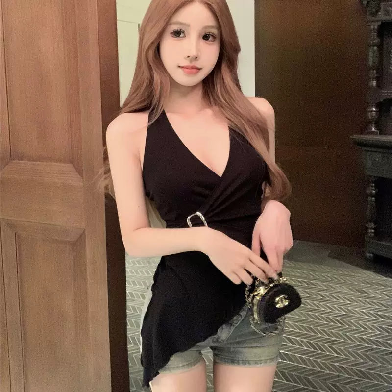 Foreign trade pure cotton waist slimming new style hanging neck tie pure desire wind V-neck sexy spicy girl t-shirt women's sleeveless top