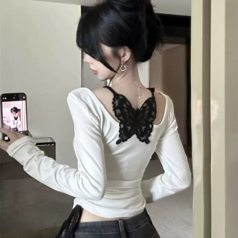 Foreign trade pure cotton pure desire style fake two-piece hanging neck, backless butterfly lace, niche design, long sleeved T-shirt, women's base