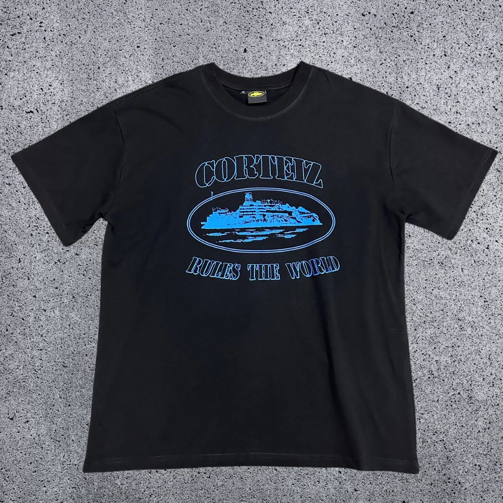 Corteiz "Rules The World" Alcatraz Graphic Tee (Black & Royal Blue Edition)