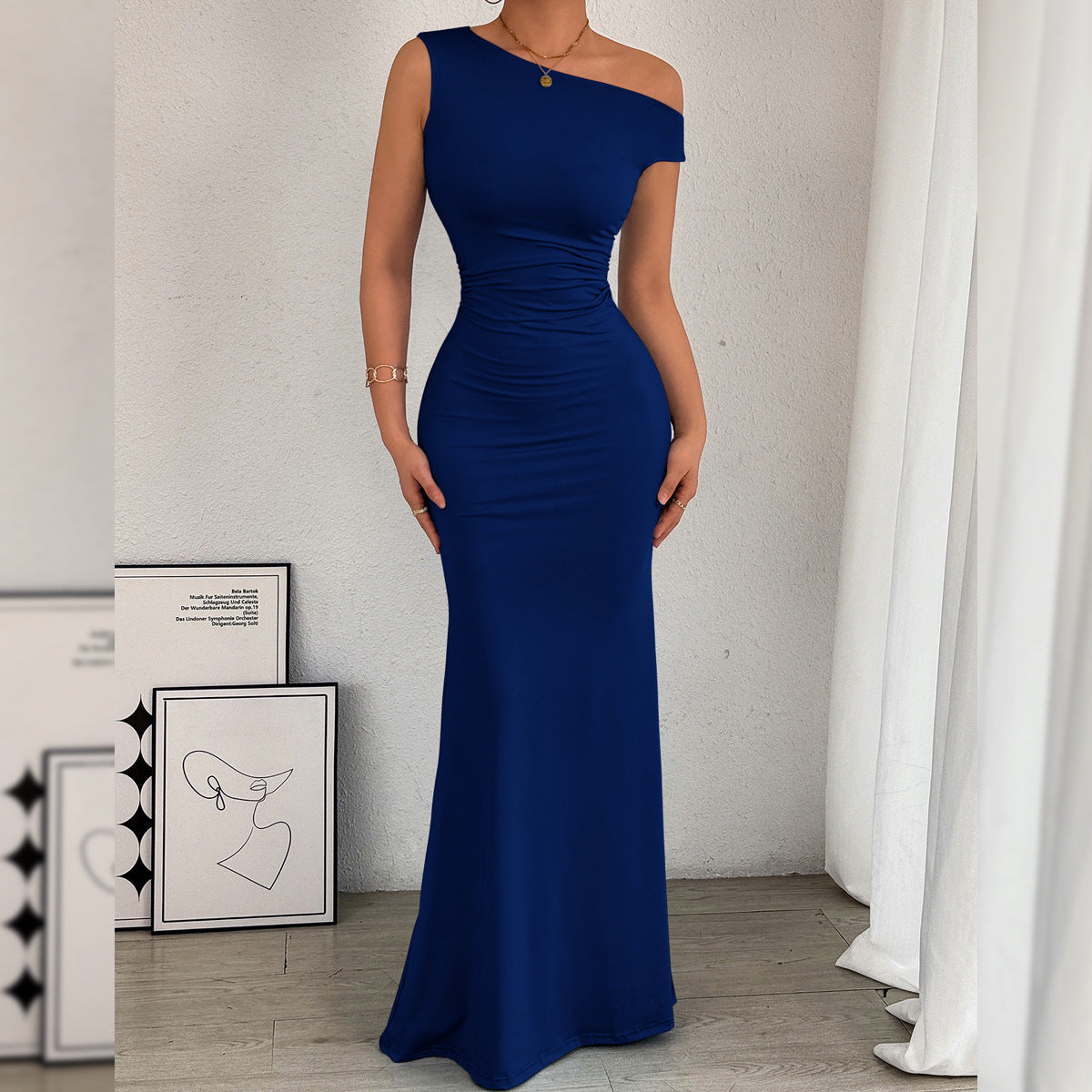 2026 European and American Cross border Women's Fishtail Skirt Amazon Hot Item Slant Shoulder Collar Waist Wrinkled Sleeveless Sexy Dress