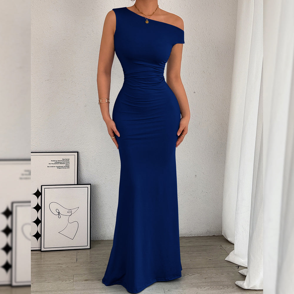 2026 European and American Cross border Women's Fishtail Skirt Amazon Hot Item Slant Shoulder Collar Waist Wrinkled Sleeveless Sexy Dress
