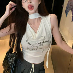 Foreign Trade Sweet and Spicy Style Swinging Collar with Letter Printed Tank Top for Women's Summer, Tailored and Slim Design, Hanging on the Neck, Trendy Clothes