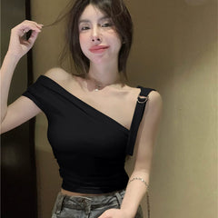 Pure cotton sweet and spicy girl short sleeved t-shirt women's summer new style slim fit pure desire style off shoulder niche design short top