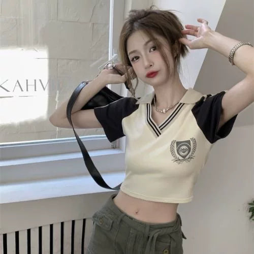 American style foreign trade sweet and spicy girl style pure cotton short sleeved t-shirt for female students, new summer polo shirt slim fit short top