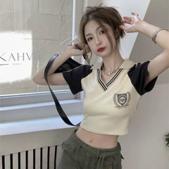 American style foreign trade sweet and spicy girl style pure cotton short sleeved t-shirt for female students, new summer polo shirt slim fit short top