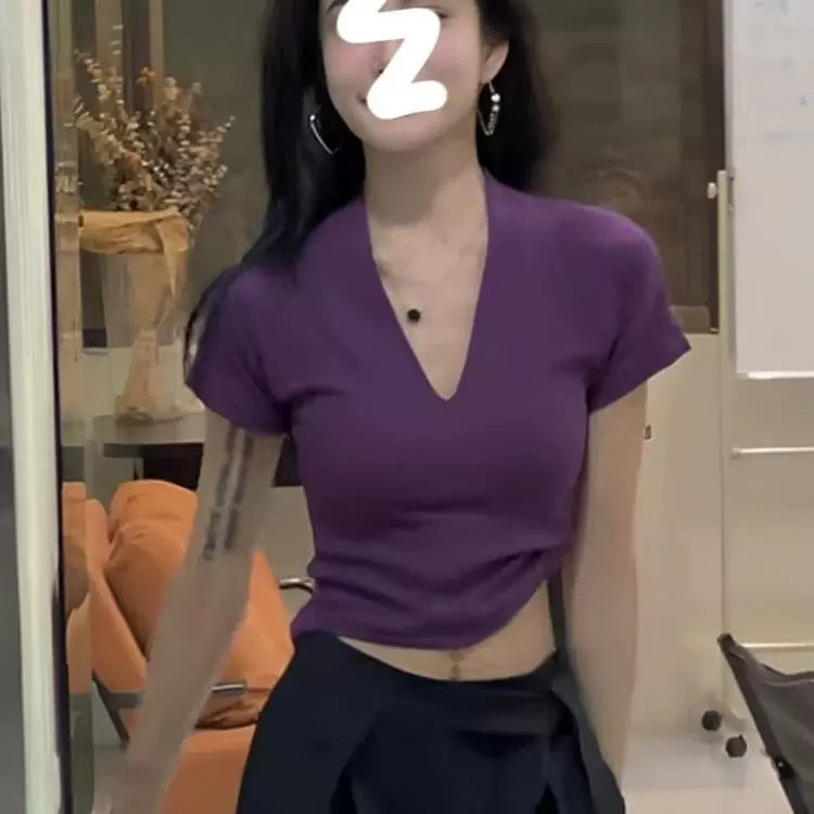 Foreign trade pure purple V-neck pure cotton short sleeved T-shirt for women in summer, sexy and spicy new style, slimming and revealing waist short top for women