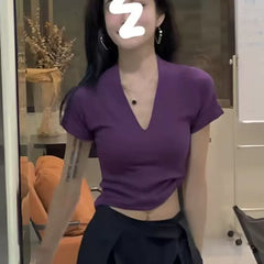 Foreign trade pure purple V-neck pure cotton short sleeved T-shirt for women in summer, sexy and spicy new style, slimming and revealing waist short top for women