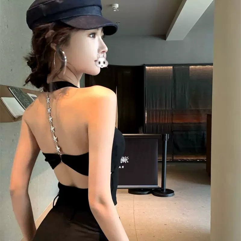 Hot girl sexy diamond chain backless hanging neck vest women's Korean version slim fit can be worn externally with camisole beautiful back pure desire sleeveless top