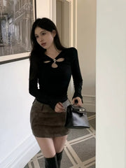 Foreign trade black temperament hollow round neck long sleeved T-shirt for women in winter with added velvet, niche inner layer bottom shirt, spicy girl top