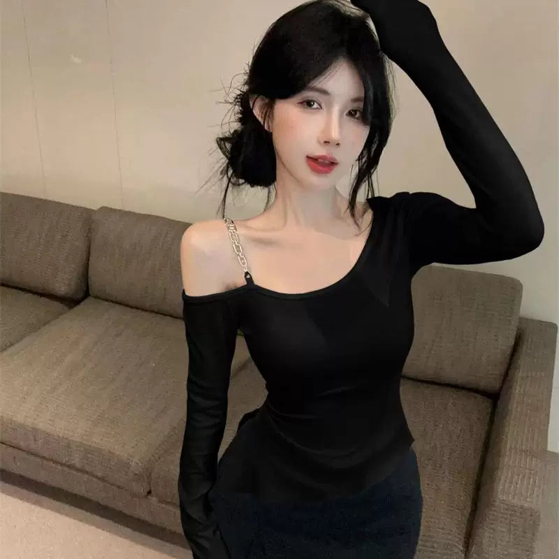 Pure Desire Wind Long Sleeve T-shirt for Women in Spring and Autumn, Spicy Girl, Sexy Slant Neck Design, Slimming Chain Shoulder, Pure Cotton Top