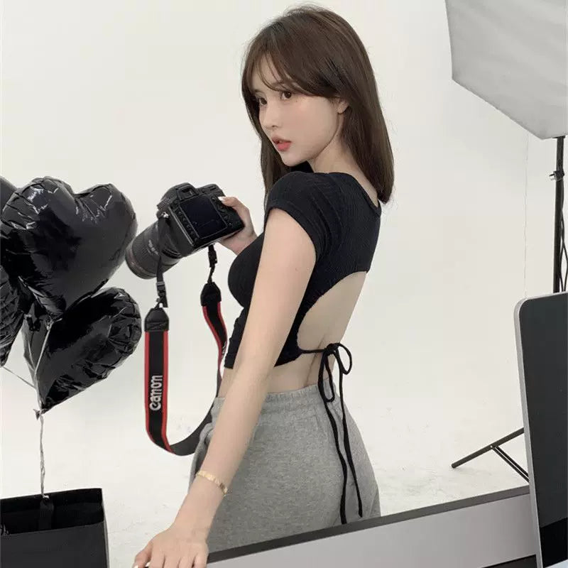 American style spicy girl style black short sleeved T-shirt women's summer backless hollow lace up sexy slim fit niche chic top