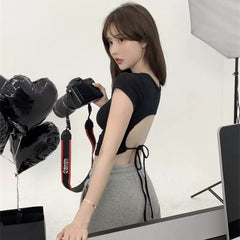 American style spicy girl style black short sleeved T-shirt women's summer backless hollow lace up sexy slim fit niche chic top