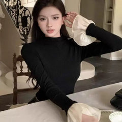 Foreign trade black velvet top with spliced flared sleeves for slim fit and slimming effect, paired with a semi high neck base shirt and women's long sleeved t-shirt