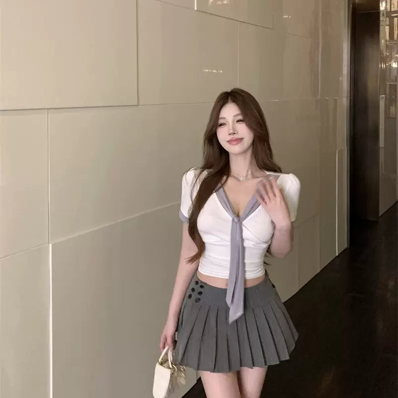 College of Foreign Trade style V-neck short sleeved T-shirt for women, gentle flowing ribbon, slim fit, slimming and age reducing, Korean ins design top