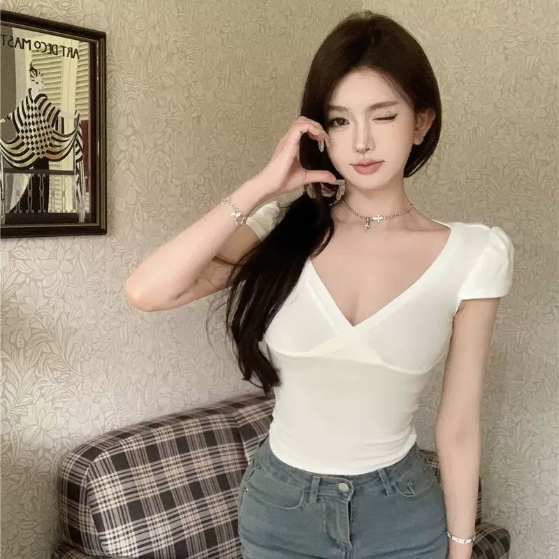 Pure desire style sexy cross deep V-neck short sleeved T-shirt for women in summer, black slim fit and slimming, pure cotton spicy girl short top