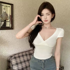 Pure desire style sexy cross deep V-neck short sleeved T-shirt for women in summer, black slim fit and slimming, pure cotton spicy girl short top