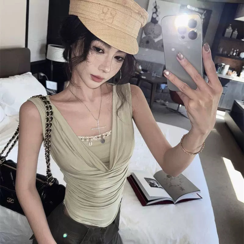 Foreign trade collar fake two sleeveless T-shirts for women in summer, slim fit, waist cinching, slimming and stunning spicy girl short waist cinching top