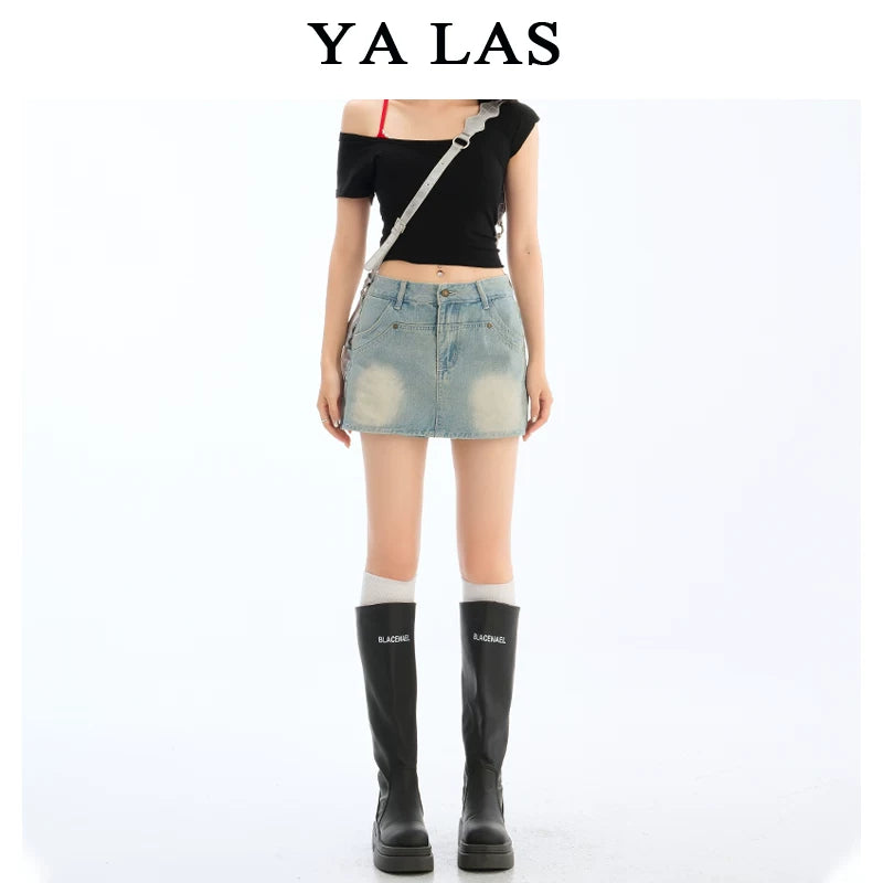 Washed blue denim skirt and pants for women in the summer of 2025, short and slim, versatile design, A-line short skirt