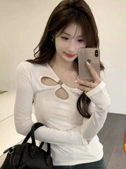 Foreign trade black temperament hollow round neck long sleeved T-shirt for women in winter with added velvet, niche inner layer bottom shirt, spicy girl top