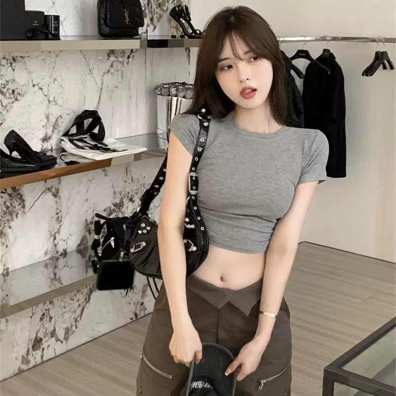 American style spicy girl style black short sleeved T-shirt women's summer backless hollow lace up sexy slim fit niche chic top