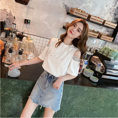 Foreign trade white short sleeved t-shirt women's summer outfit new Japanese off shoulder cute student loose design top ins trend