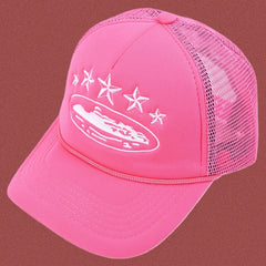 Corteiz Vintage Hot Pink Trucker Hat with White Stars and Cruise Ship Graphic