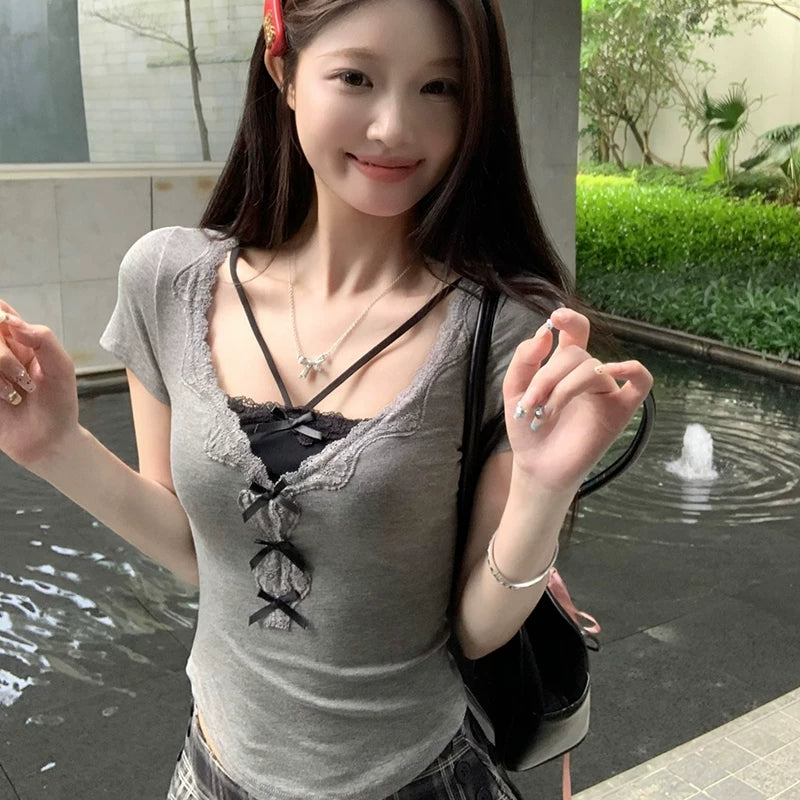 Foreign trade spicy girl short sleeved t-shirt women's pure cotton fake two pieces summer new style slim fit bow design sense short top
