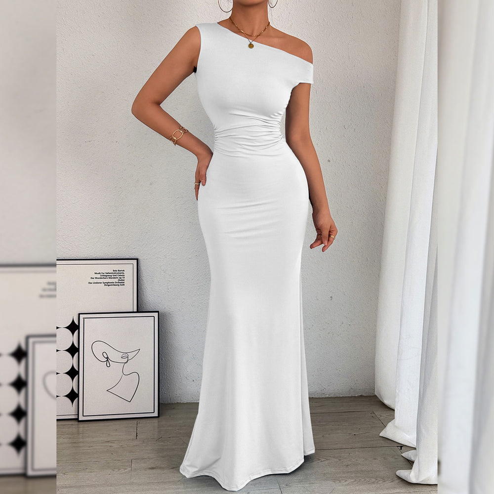 2026 European and American Cross border Women's Fishtail Skirt Amazon Hot Item Slant Shoulder Collar Waist Wrinkled Sleeveless Sexy Dress