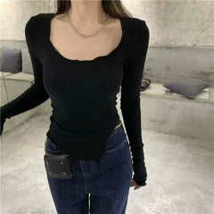 Foreign trade clearance ins thread pure cotton long sleeved t-shirt for women 2024 Spring and Autumn new item, niche design sense, inner layer bottom shirt