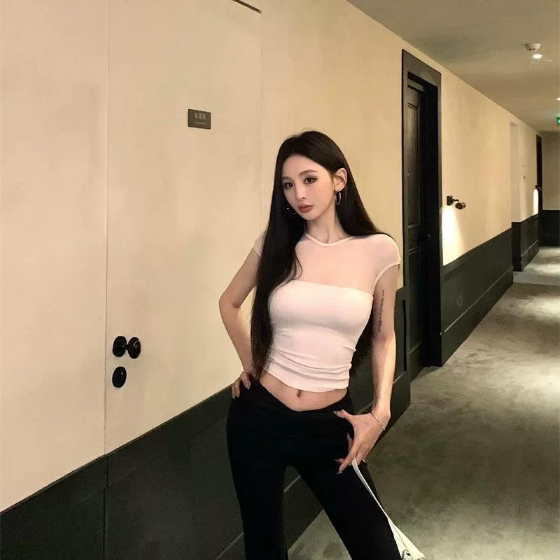 Foreign trade American style spicy girl style mesh splicing pure cotton short sleeved T-shirt for women in summer, black sexy perspective pure desire top