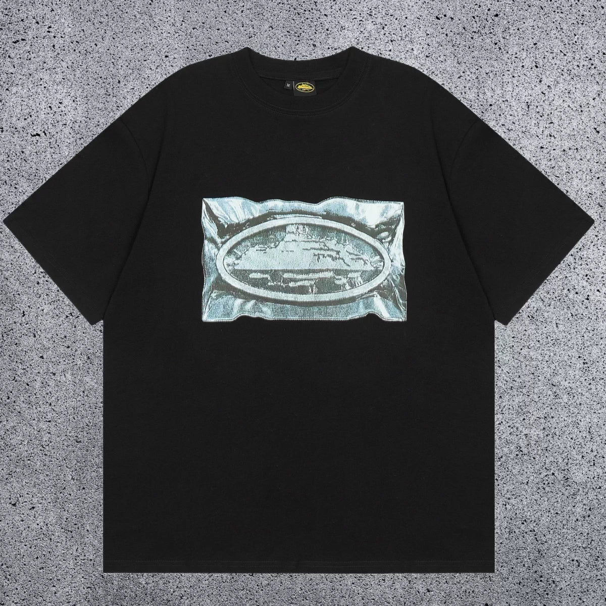 Corteiz Metallic Foil Oval Logo T-Shirt - Black Streetwear Tee