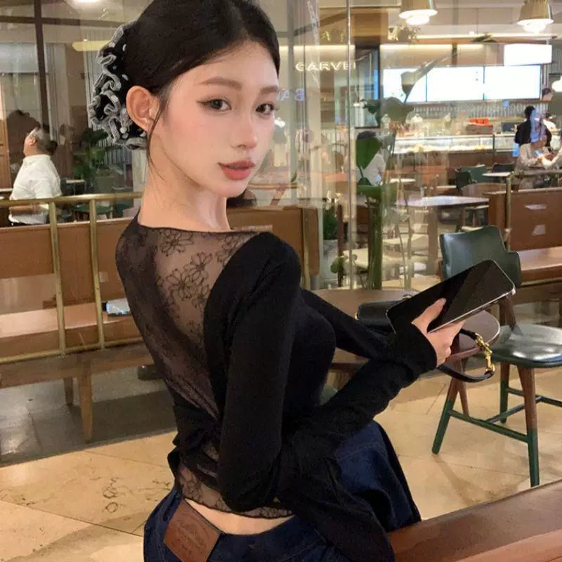 Foreign trade bow lace patchwork long sleeved T-shirt for women in spring and autumn 2025, black pure desire style backless and shoulder less top