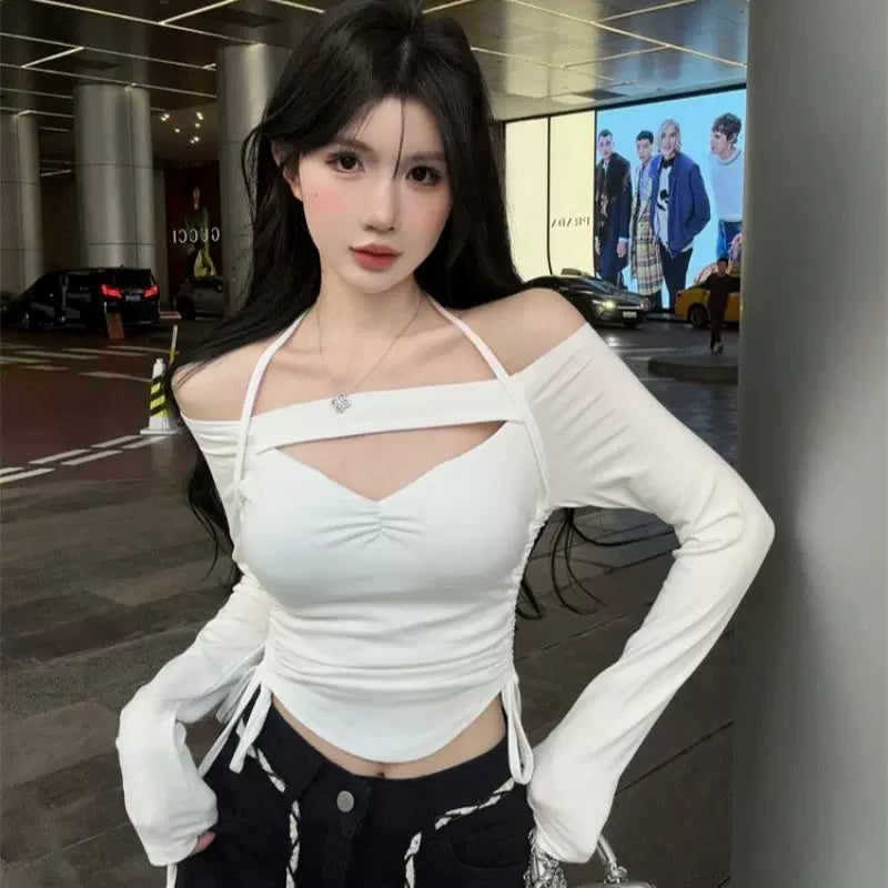 Pure cotton one shoulder hollowed out lace up long sleeved T-shirt for women in spring and autumn, thin design, pure desire, spicy girl, sexy slim fit short top