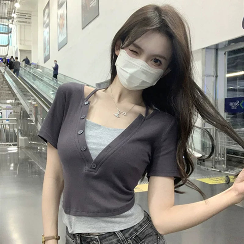 Foreign trade pure cotton summer slimming holiday two pieces pure desire style spicy girl niche design short sleeved T-shirt women's short top