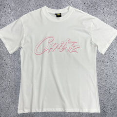 Pink Accent Star-Logo Graphic Tee - White & Pink Streetwear T-Shirt