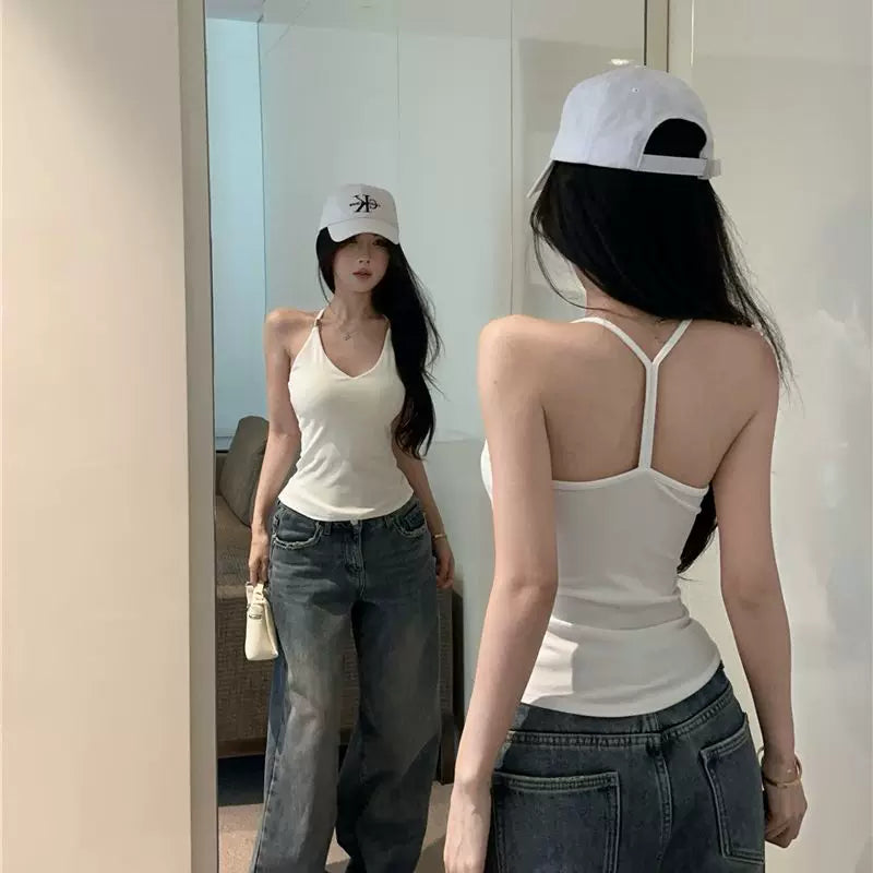 Summer sexy V-neck halter top, women's outerwear, slim fit, beautiful back, spicy girl, sleeveless halter top, short T-shirt
