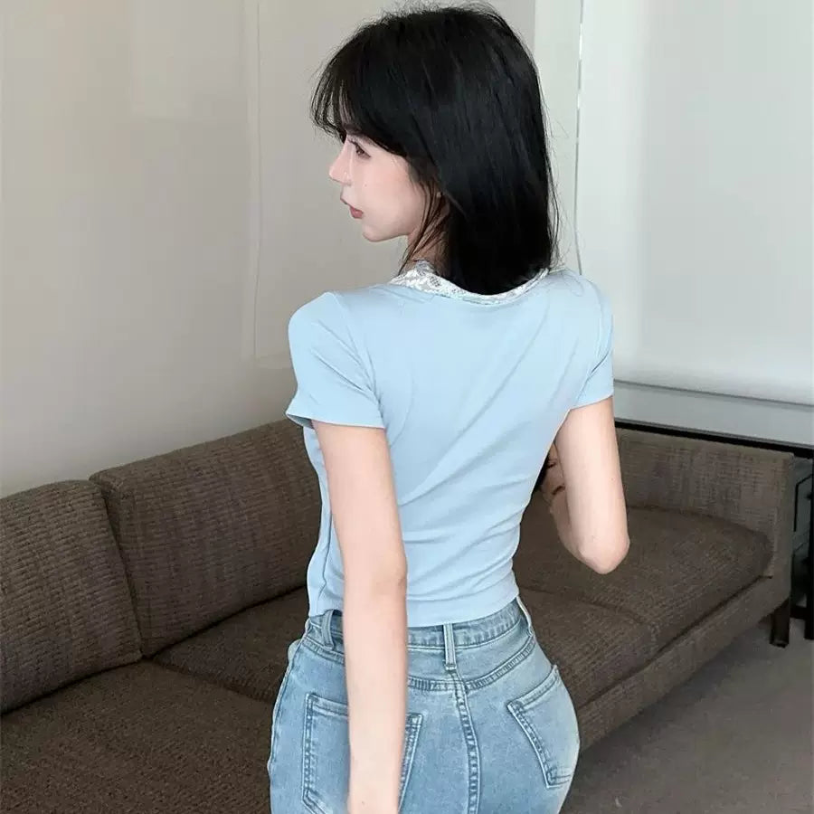 Foreign Trade Spicy Girl V-neck Lace Lace Splicing Short Sleeve T-shirt with Female Bow Hollow Design, Unique Pure Cotton Top