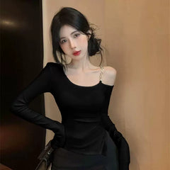 Pure Desire Wind Long Sleeve T-shirt for Women in Spring and Autumn, Spicy Girl, Sexy Slant Neck Design, Slimming Chain Shoulder, Pure Cotton Top