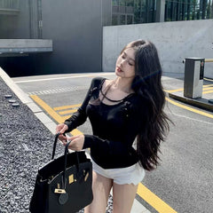 Foreign trade pure desire style layered black U-neck long sleeved T-shirt for women in winter, slim fit, waist cinching, and plush versatile base top