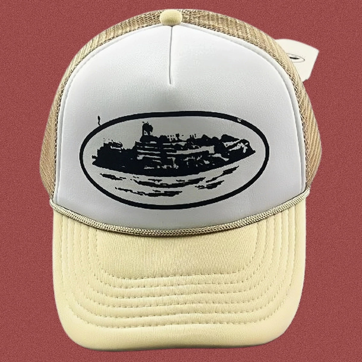 Corteiz Vintage Cream and White Trucker Hat with Oval Cruise Ship Graphic