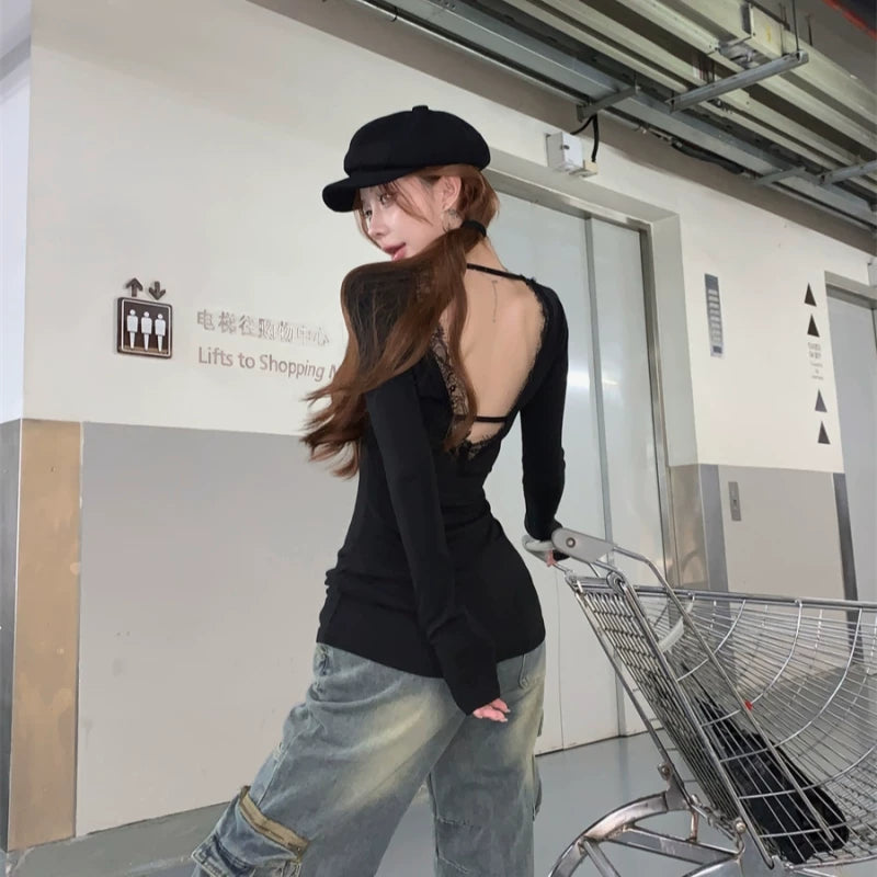 Foreign trade pure cotton backless lace patchwork long sleeved T-shirt for women in spring and autumn, thin fit, skin friendly, pure desire style base shirt