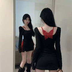 Foreign trade pure cotton pure desire style fake two-piece hanging neck, backless butterfly lace, niche design, long sleeved T-shirt, women's base