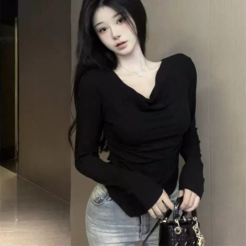 Foreign trade pure cotton new style swing collar base shirt, pure desire for inner matching, slimming long sleeved temperament top, sweet and spicy girl slim fit T-shirt