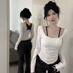 Foreign trade pure cotton square neck long sleeved T-shirt for women, pleated for spring and autumn, pure desire, spicy girl, backless butterfly top, lace base shirt
