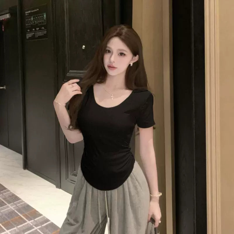 Foreign trade spicy girl black lace short sleeved T-shirt for women in summer, slim fit and slimming, round neck, pure desire, simple and versatile ins top